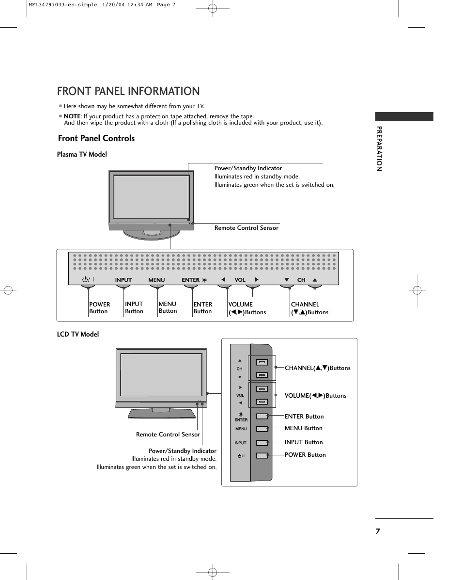 Front panel information, Front panel controls, Plasma tv model lcd tv model | LG 32LG10 User Manual | Page 9 / 34