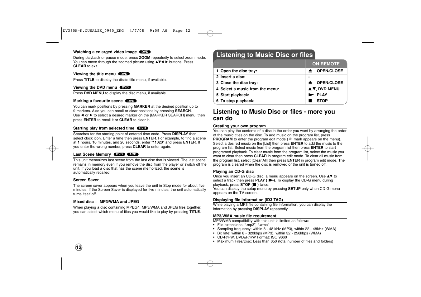 Listening to music disc or files, Listening to music disc or files - more you can do | LG DVB812 User Manual | Page 12 / 16