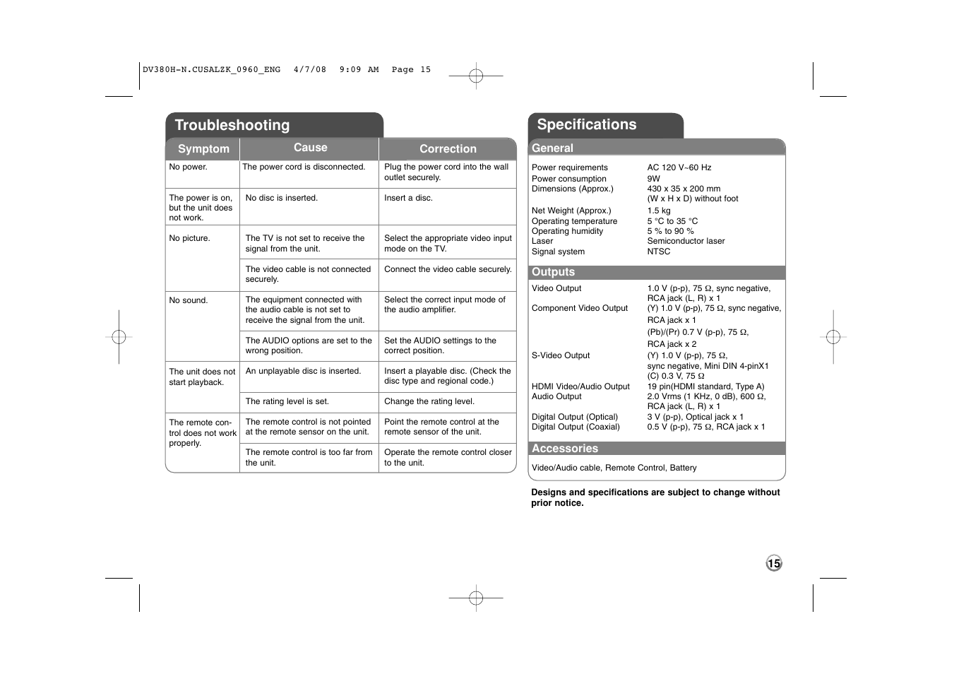 Specifications troubleshooting | LG DVB812 User Manual | Page 15 / 16