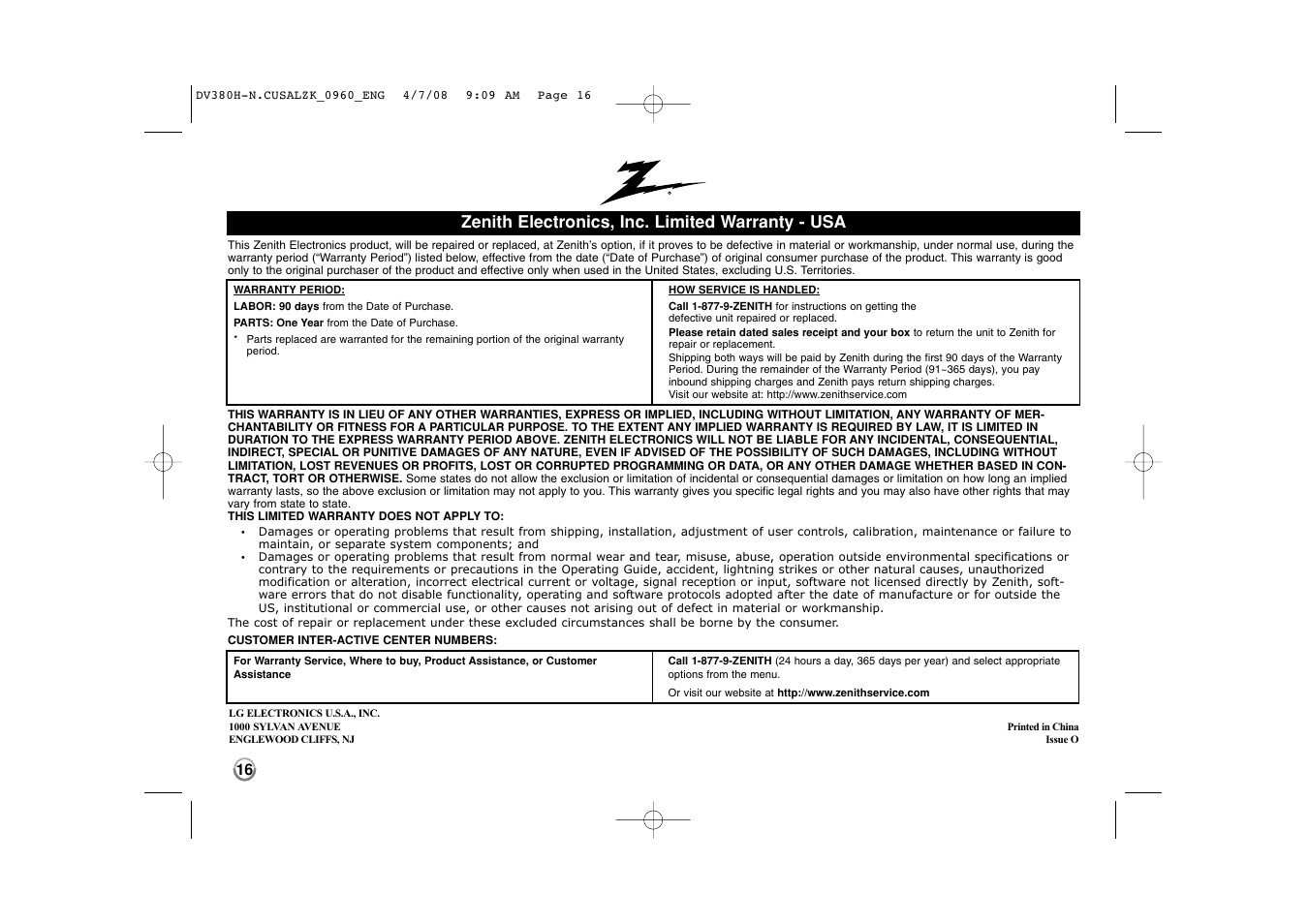 Zenith electronics, inc. limited warranty - usa | LG DVB812 User Manual | Page 16 / 16