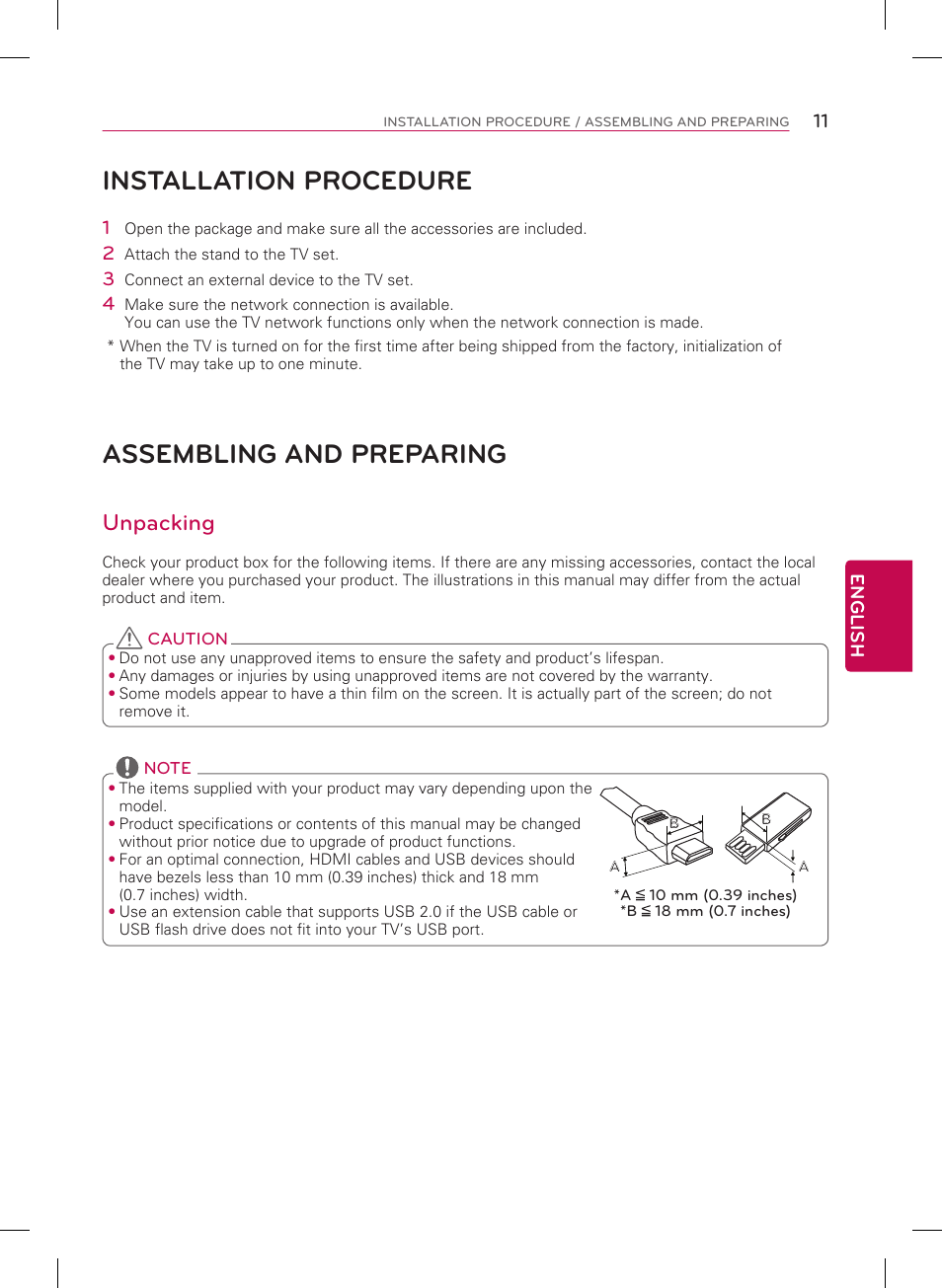 Installation procedure, Assembling and preparing, Unpacking | LG 65UB9500 User Manual | Page 11 / 40