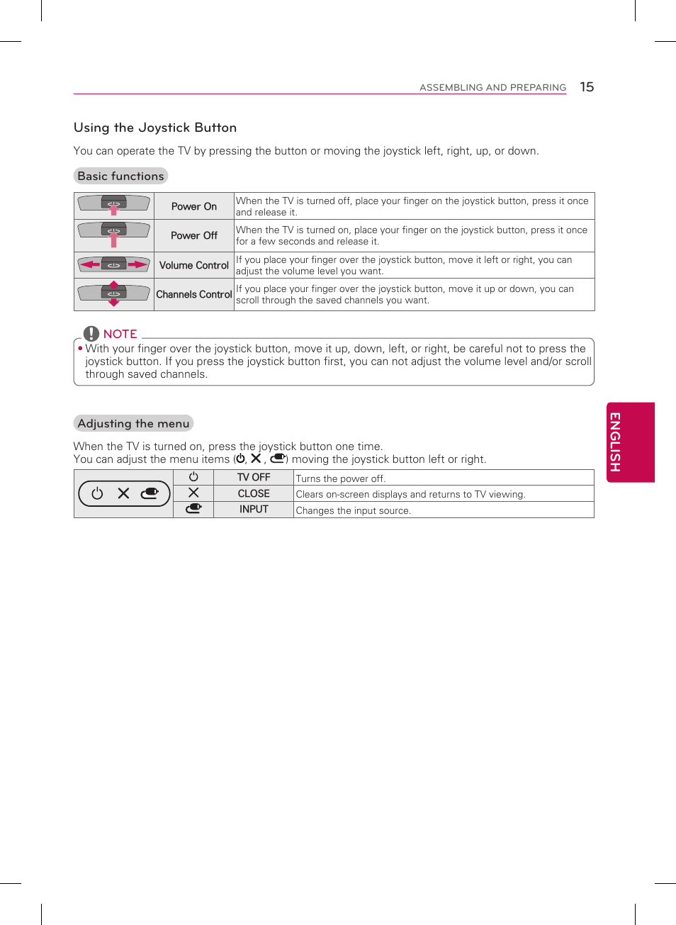 15 english, Using the joystick button | LG 65UB9500 User Manual | Page 15 / 40