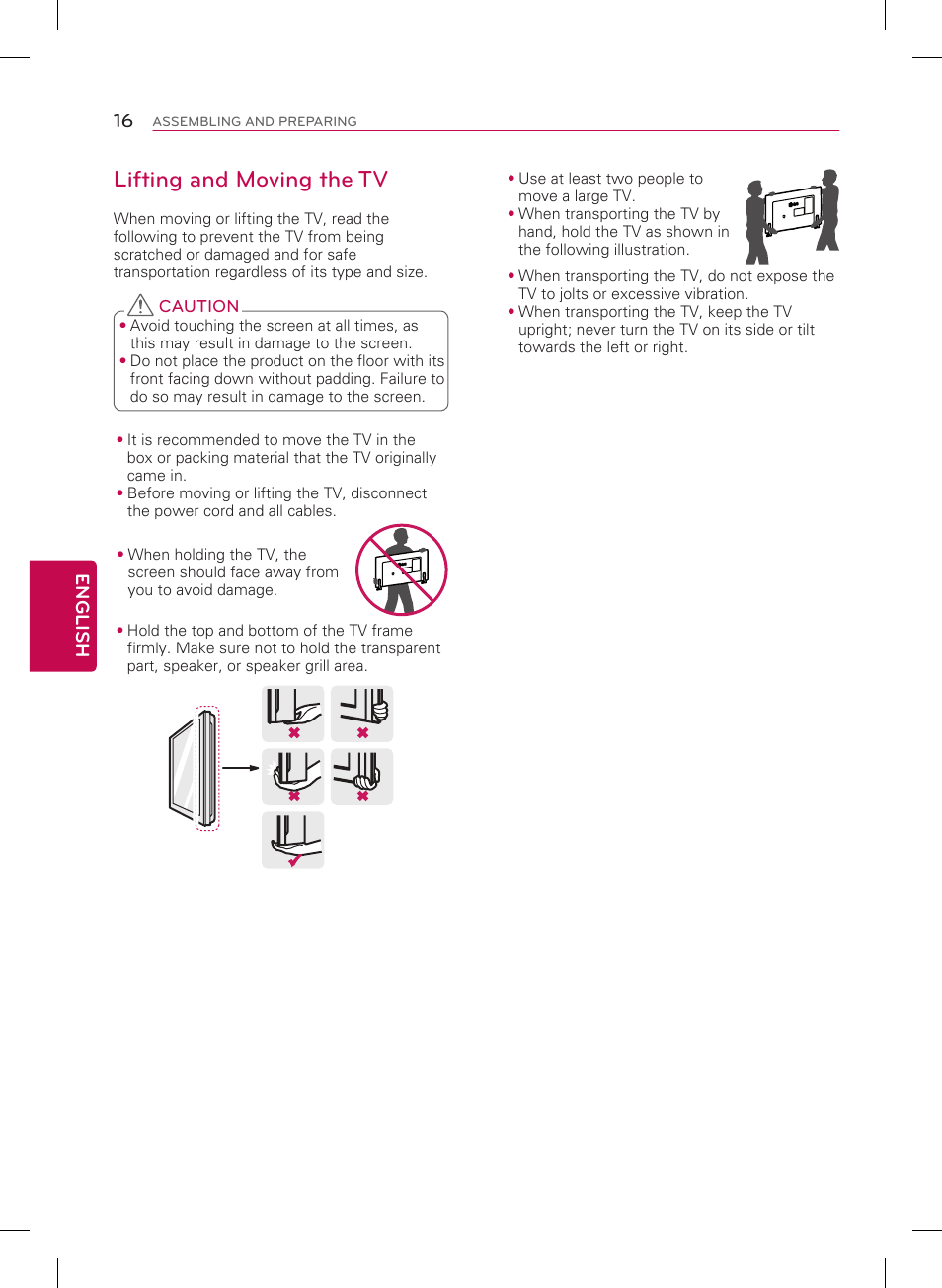 Lifting and moving the tv, 16 english | LG 65UB9500 User Manual | Page 16 / 40