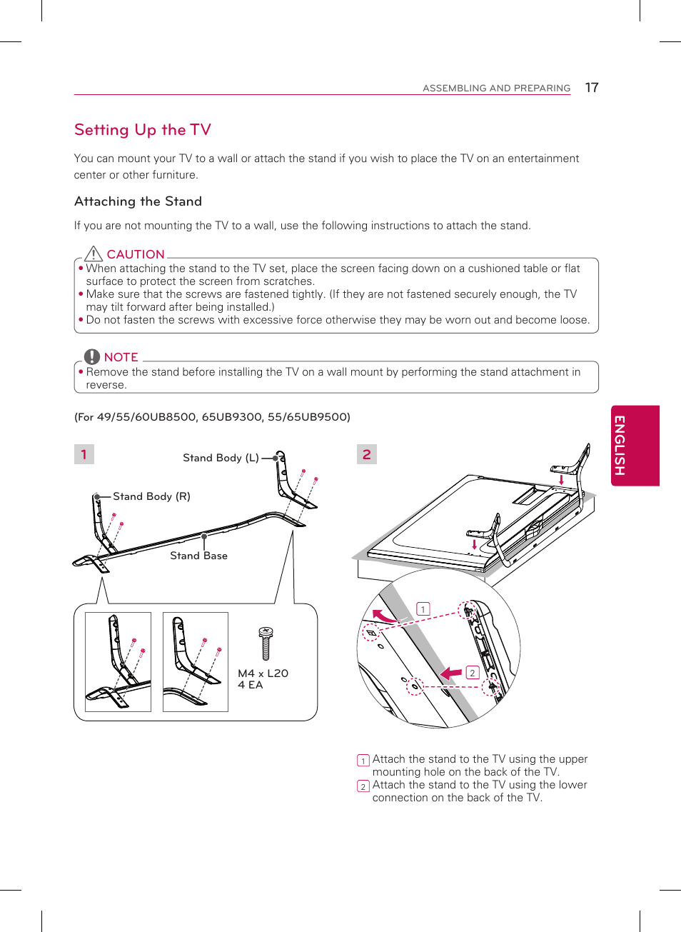 Setting up the tv, 17 english, Attaching the stand | LG 65UB9500 User Manual | Page 17 / 40