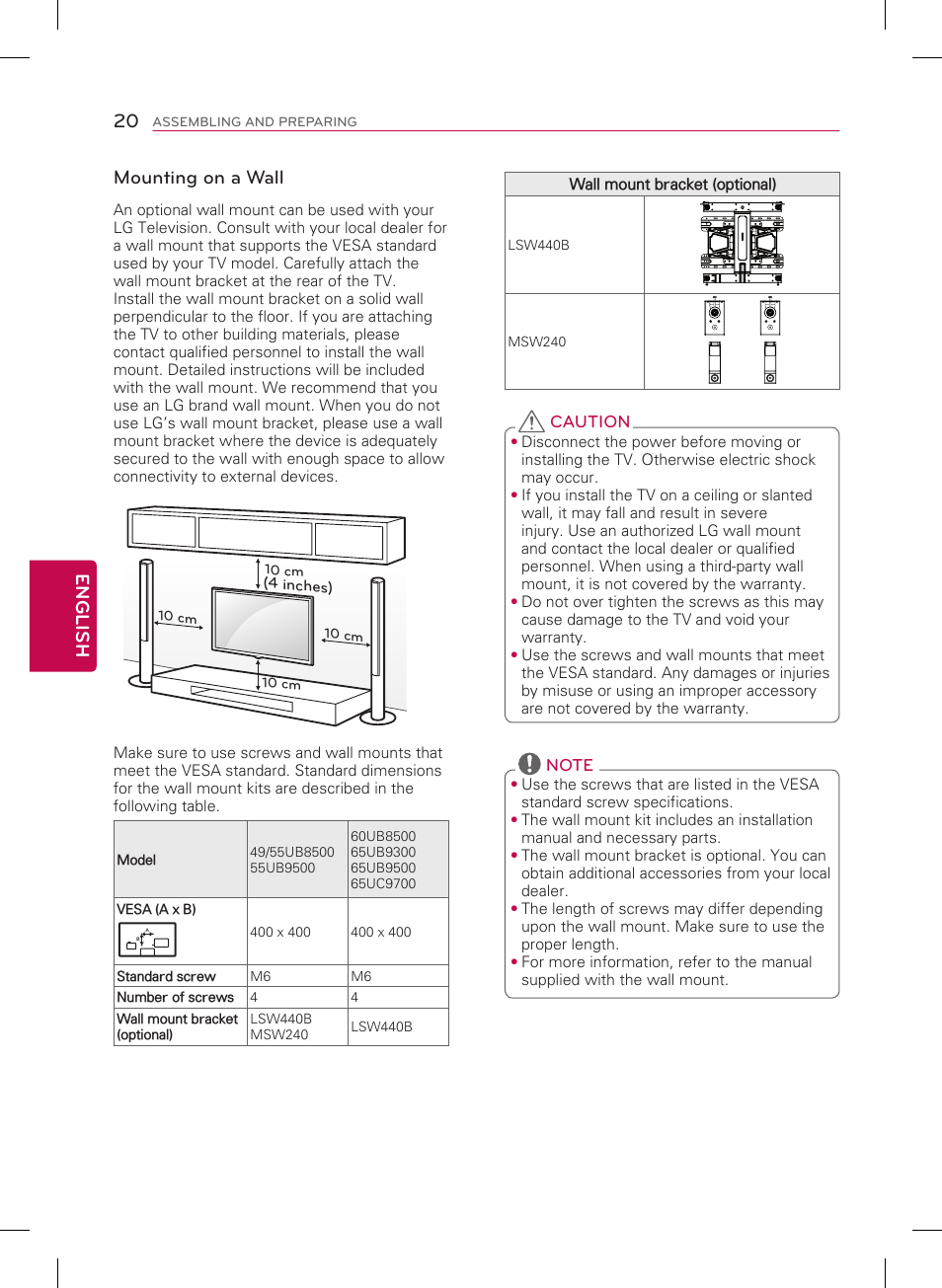 20 english, Mounting on a wall | LG 65UB9500 User Manual | Page 20 / 40