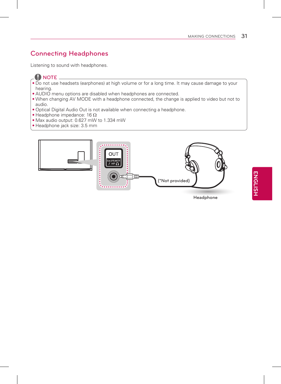 Connecting headphones, 31 english | LG 65UB9500 User Manual | Page 31 / 40