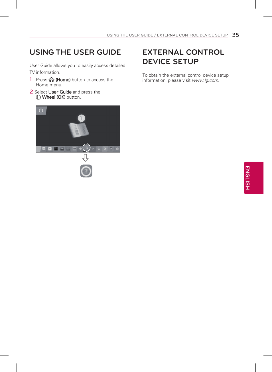 Using the user guide, External control device setup | LG 65UB9500 User Manual | Page 35 / 40