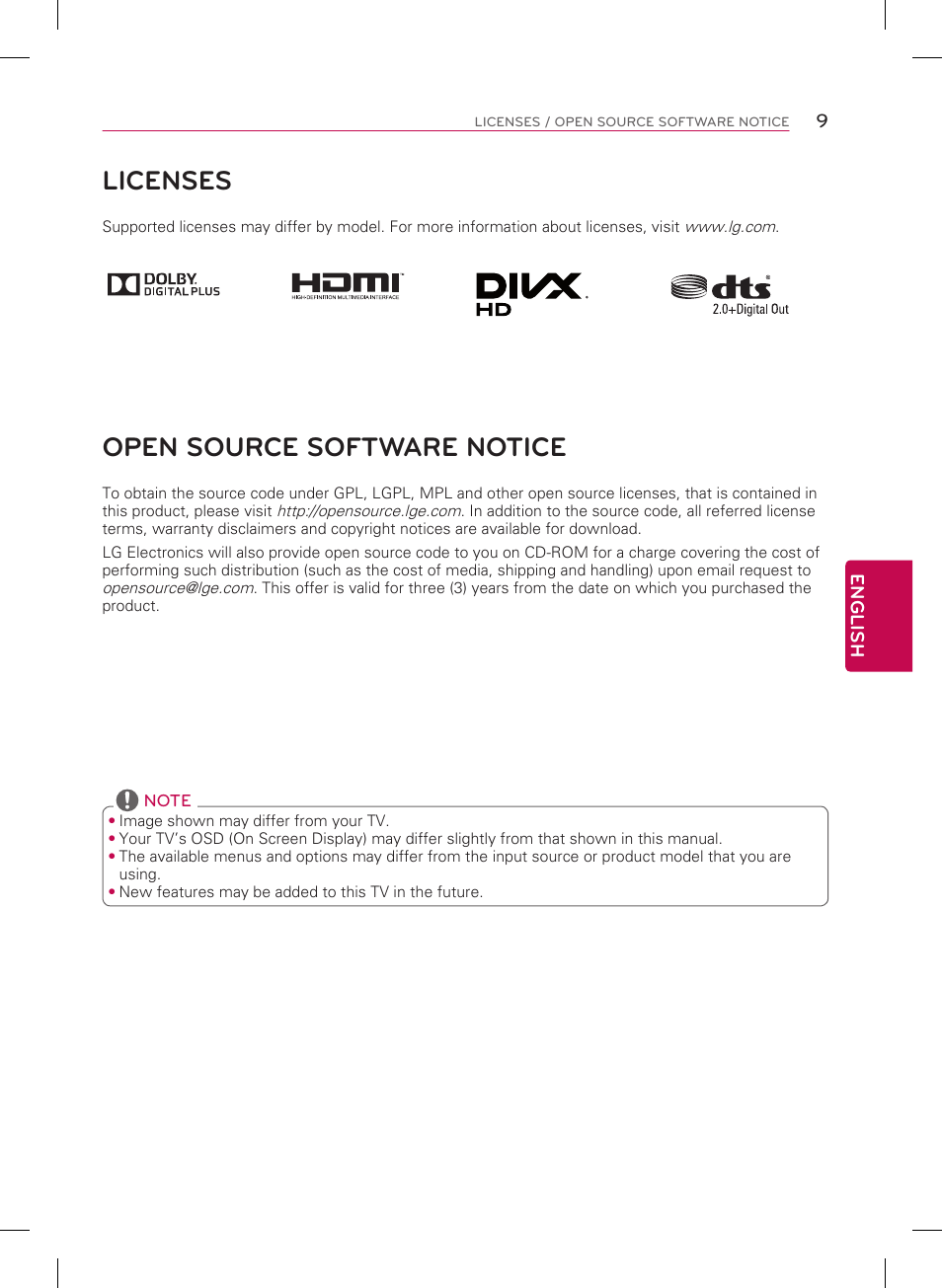 Licenses, Open source software notice | LG 65UB9500 User Manual | Page 9 / 40