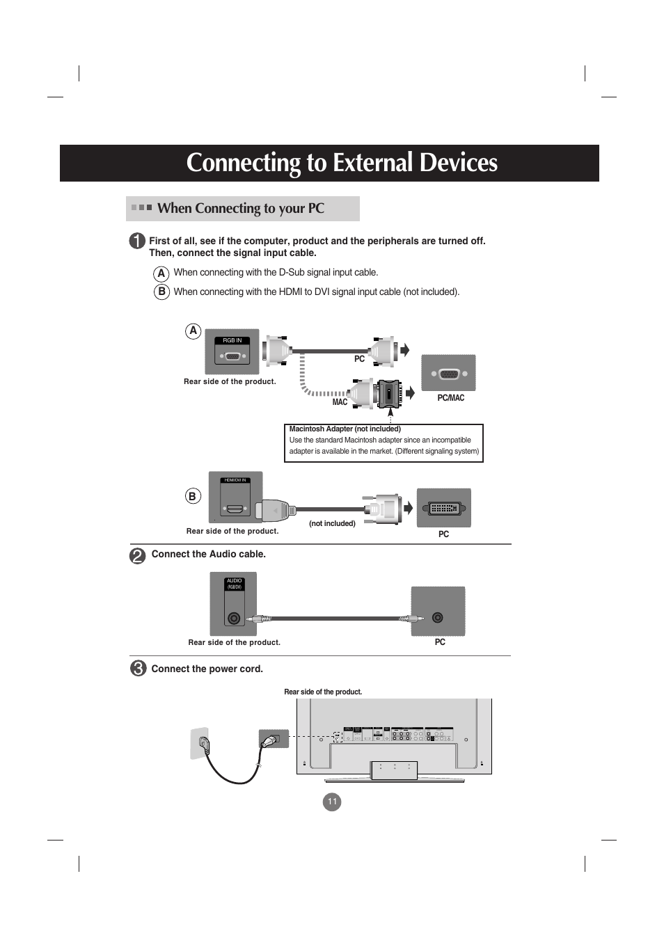 Connecting to external devices, When connecting to your pc, Ba b a | L-audio-r, S-video, Connect the power cord, Connect the audio cable | LG M3701C-BA User Manual | Page 12 / 60