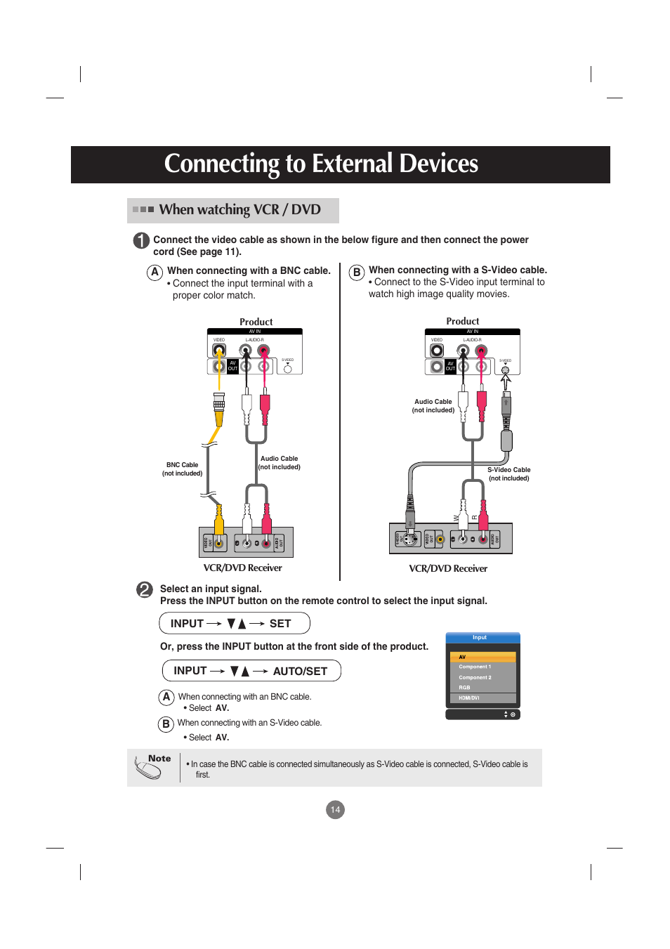 When watching vcr / dvd, Connecting to external devices | LG M3701C-BA User Manual | Page 15 / 60