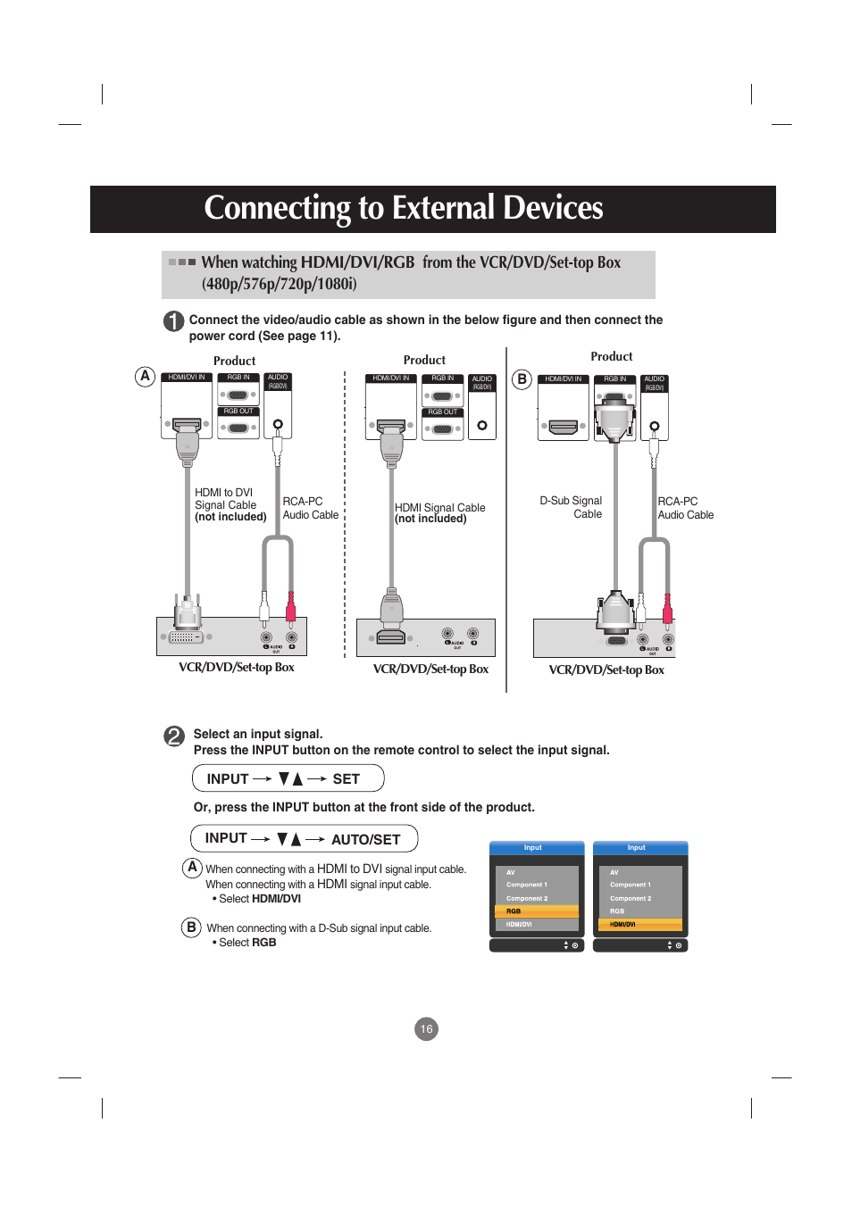Connecting to external devices, Ba a b | LG M3701C-BA User Manual | Page 17 / 60