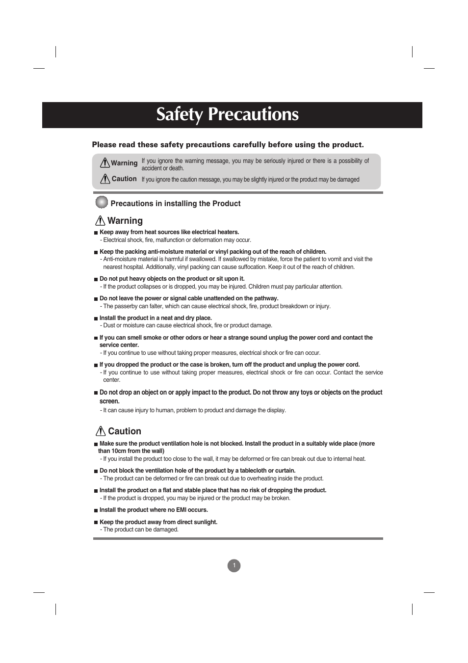 Safety precautions, Precautions in installing the product, Warning caution | LG M3701C-BA User Manual | Page 2 / 60