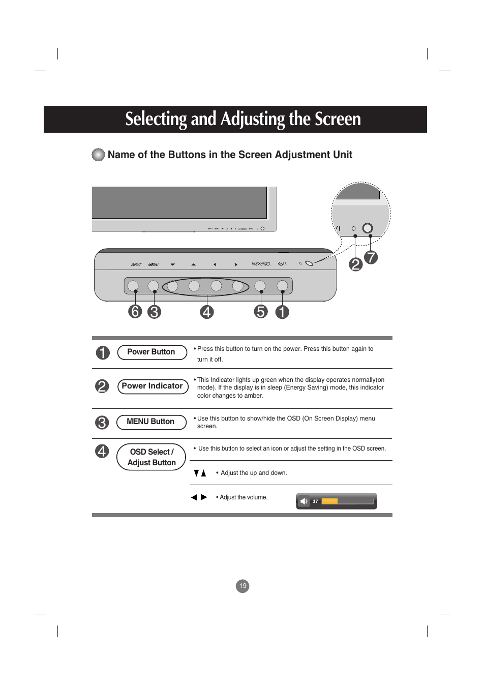 Selecting and adjusting the screen, Name of the buttons in the screen adjustment unit | LG M3701C-BA User Manual | Page 20 / 60