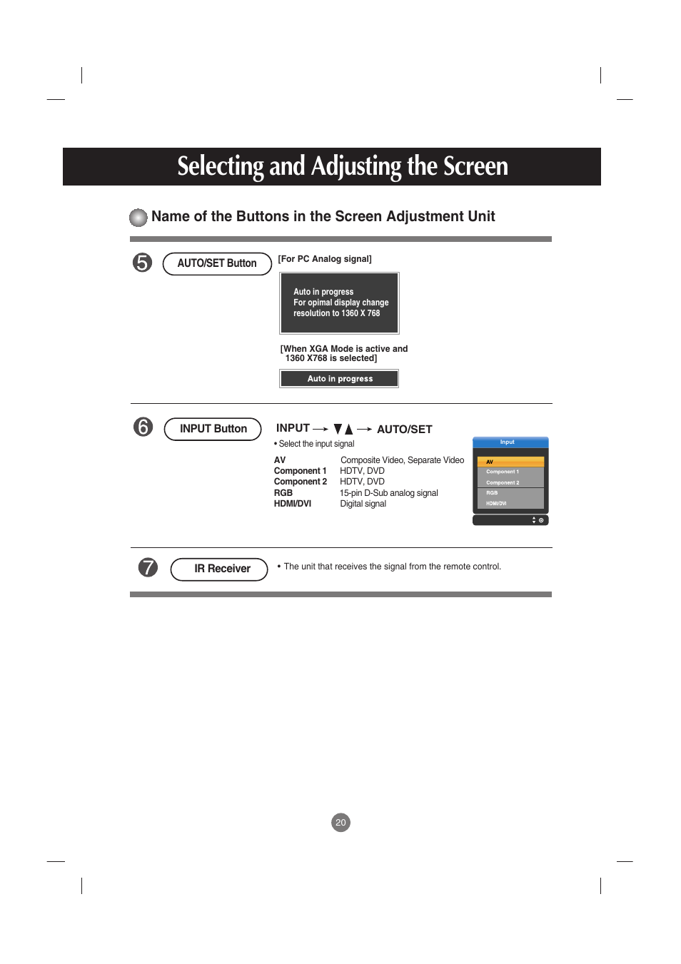 Selecting and adjusting the screen, Name of the buttons in the screen adjustment unit | LG M3701C-BA User Manual | Page 21 / 60