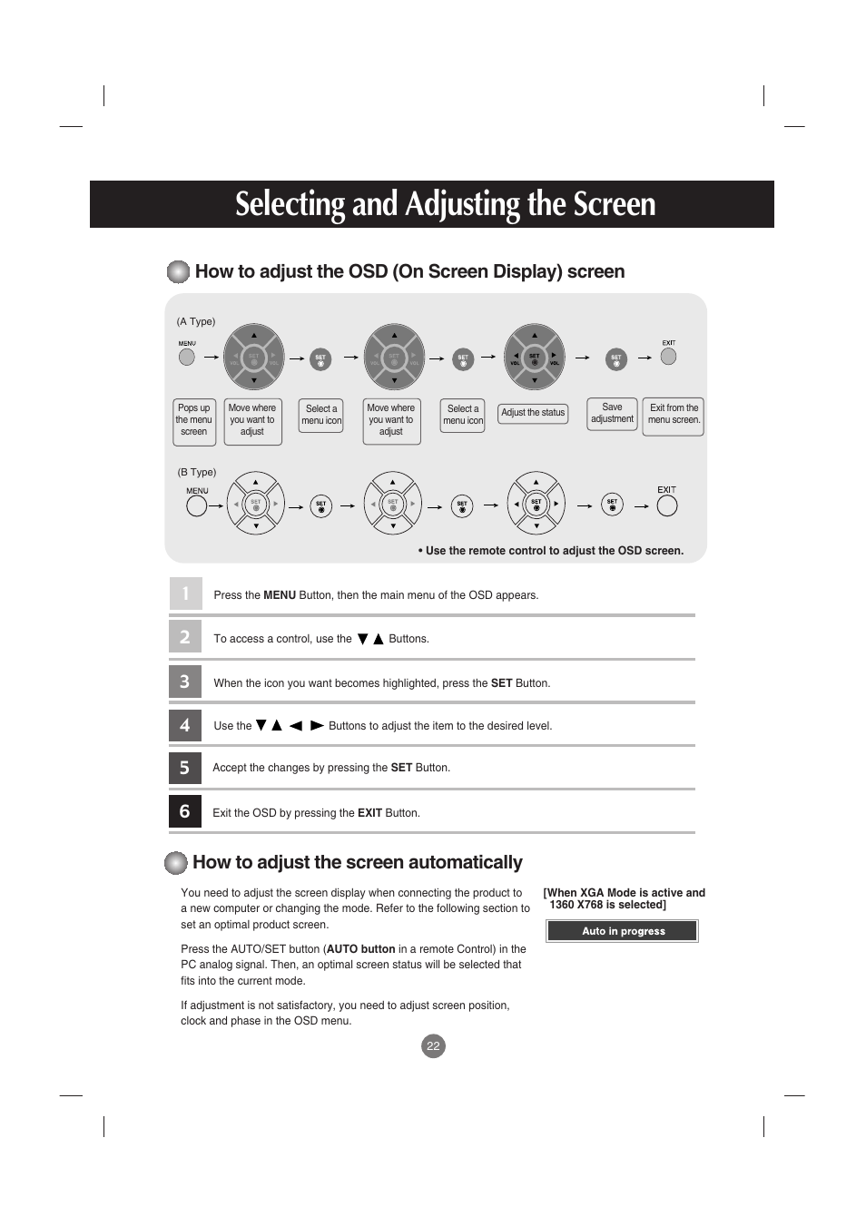 How to adjust the osd (on screen display) screen, How to adjust the screen automatically, Selecting and adjusting the screen | LG M3701C-BA User Manual | Page 23 / 60