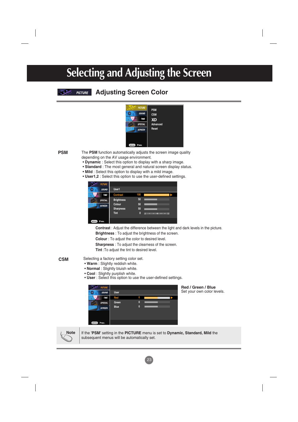 Adjusting screen color, Selecting and adjusting the screen | LG M3701C-BA User Manual | Page 24 / 60