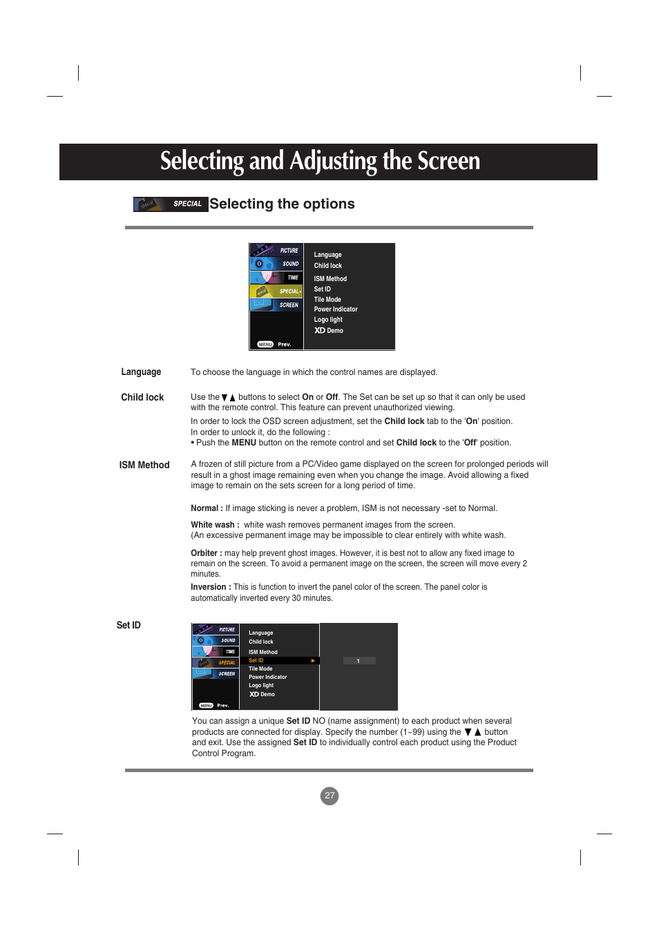 Selecting the options, Selecting and adjusting the screen | LG M3701C-BA User Manual | Page 28 / 60