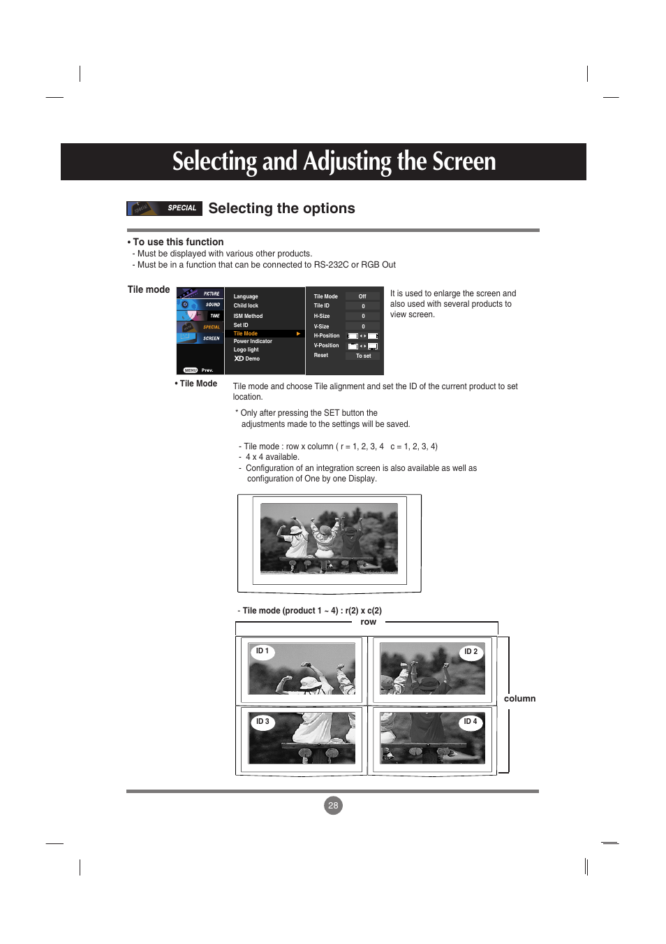 Selecting and adjusting the screen, Selecting the options | LG M3701C-BA User Manual | Page 29 / 60