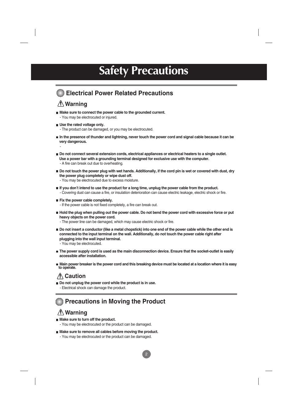 Electrical power related precautions, Precautions in moving the product, Safety precautions | Warning caution, Warning | LG M3701C-BA User Manual | Page 3 / 60