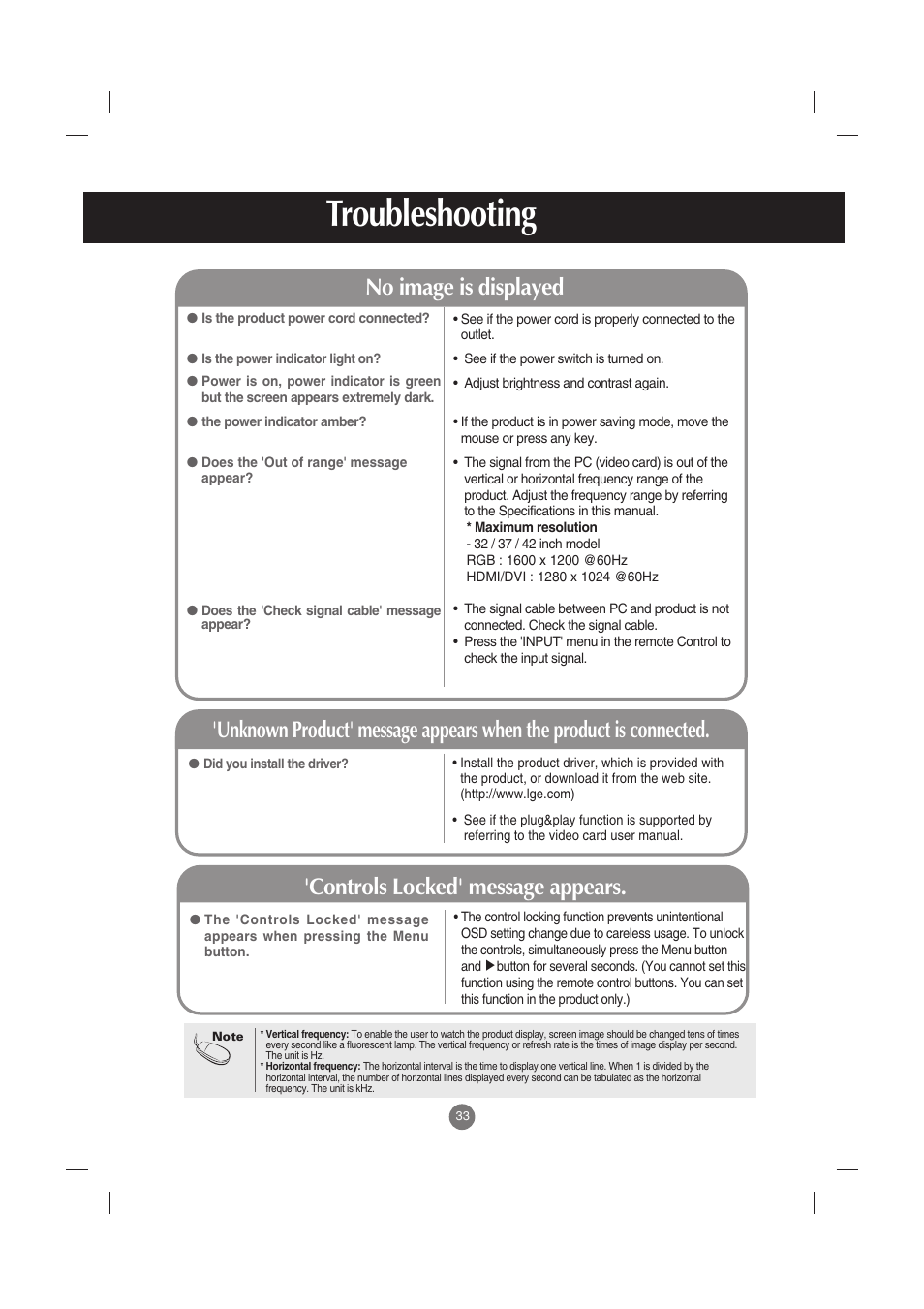 Troubleshooting, No image is displayed, Controls locked' message appears | LG M3701C-BA User Manual | Page 34 / 60