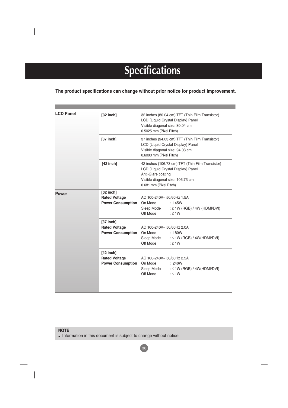 Specifications | LG M3701C-BA User Manual | Page 37 / 60