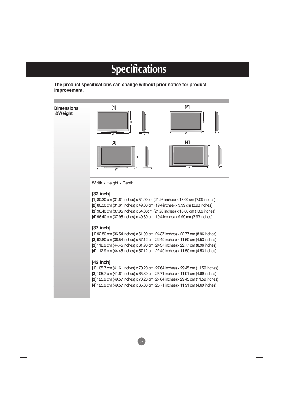 Specifications | LG M3701C-BA User Manual | Page 38 / 60