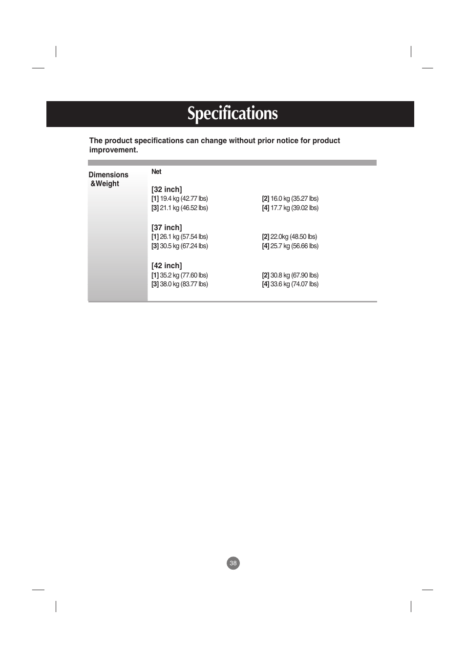 Specifications | LG M3701C-BA User Manual | Page 39 / 60