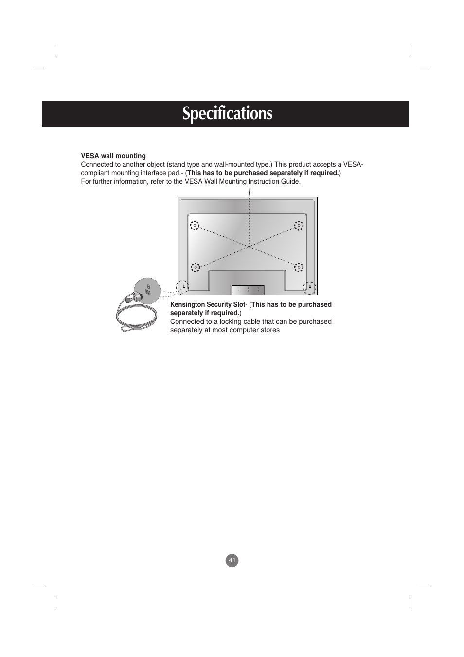 Vesa wall mounting, Kensington security slot, Specifications | LG M3701C-BA User Manual | Page 42 / 60