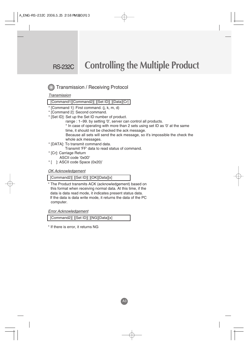 Controlling the multiple product, Rs-232c, Transmission / receiving protocol | LG M3701C-BA User Manual | Page 45 / 60