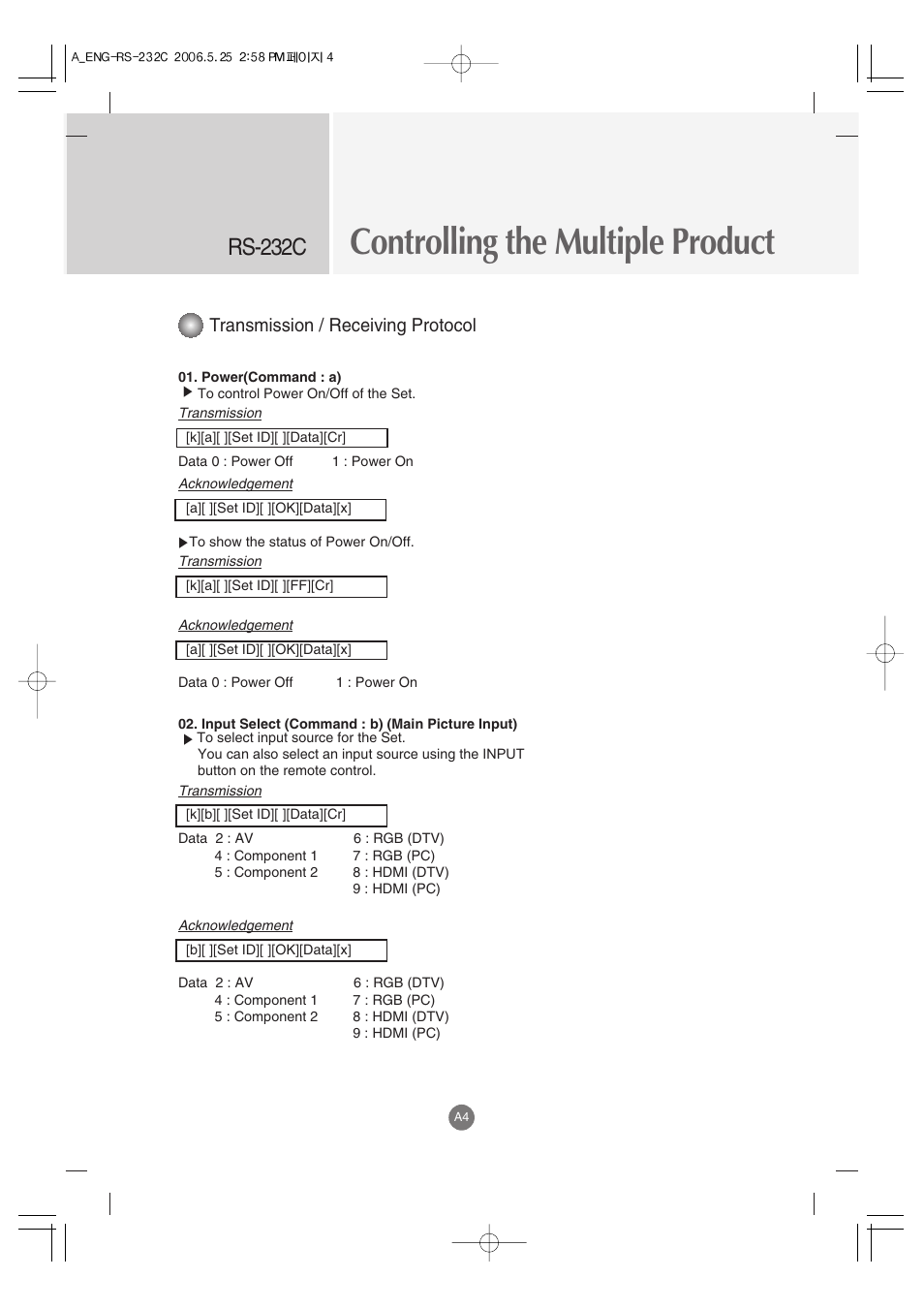 Controlling the multiple product, Rs-232c, Transmission / receiving protocol | LG M3701C-BA User Manual | Page 46 / 60