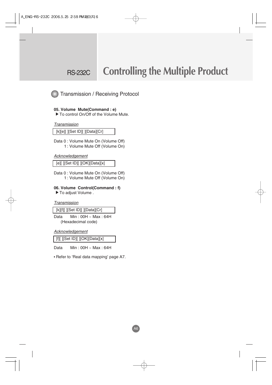 Controlling the multiple product, Rs-232c, Transmission / receiving protocol | LG M3701C-BA User Manual | Page 48 / 60