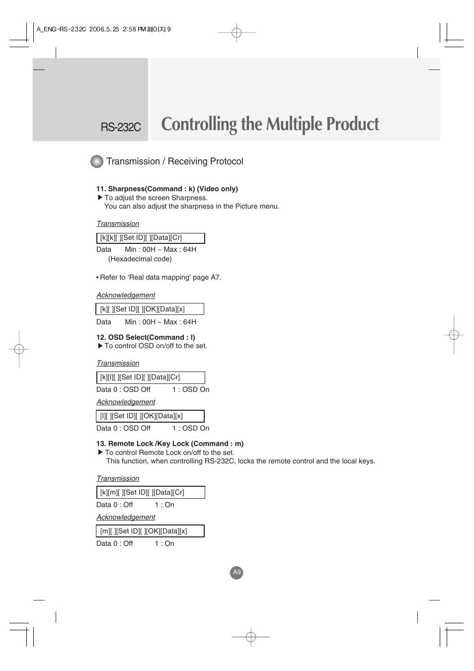 Controlling the multiple product, Rs-232c, Transmission / receiving protocol | LG M3701C-BA User Manual | Page 51 / 60