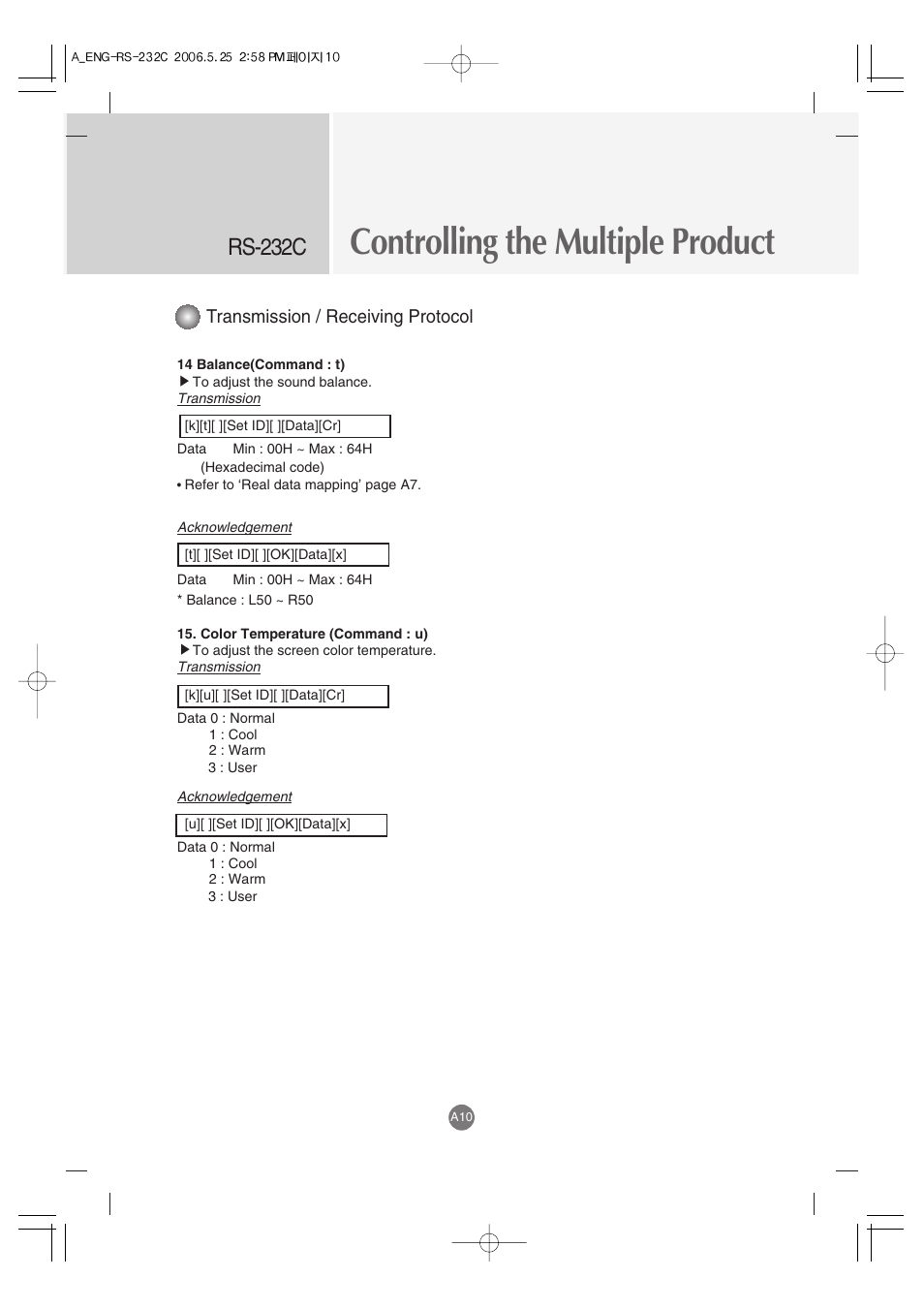 Controlling the multiple product, Rs-232c, Transmission / receiving protocol | LG M3701C-BA User Manual | Page 52 / 60