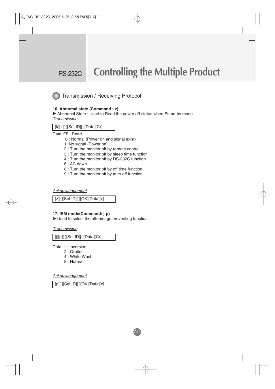 Controlling the multiple product, Rs-232c, Transmission / receiving protocol | LG M3701C-BA User Manual | Page 53 / 60