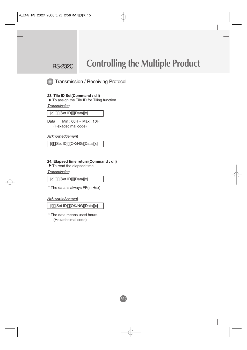 Controlling the multiple product, Rs-232c, Transmission / receiving protocol | LG M3701C-BA User Manual | Page 57 / 60