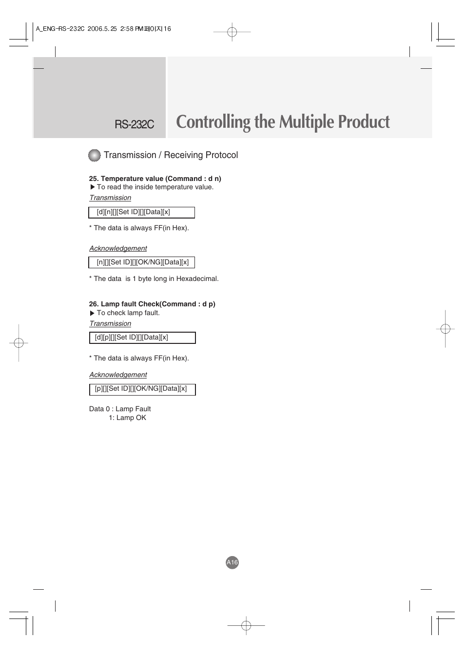 Controlling the multiple product, Rs-232c, Transmission / receiving protocol | LG M3701C-BA User Manual | Page 58 / 60