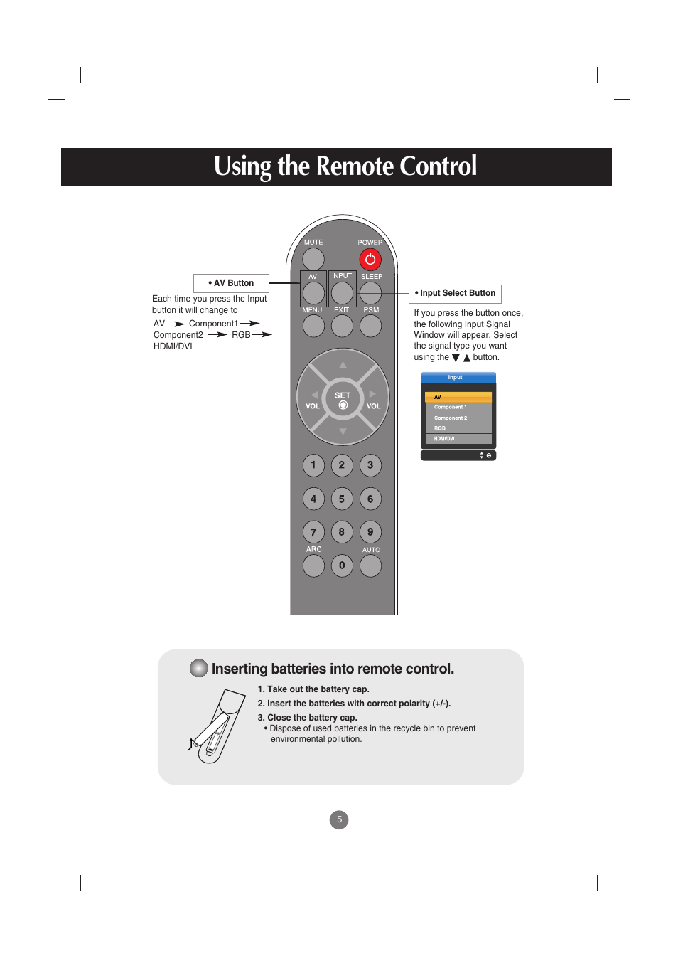 Inserting batteries into remote control, Using the remote control | LG M3701C-BA User Manual | Page 6 / 60