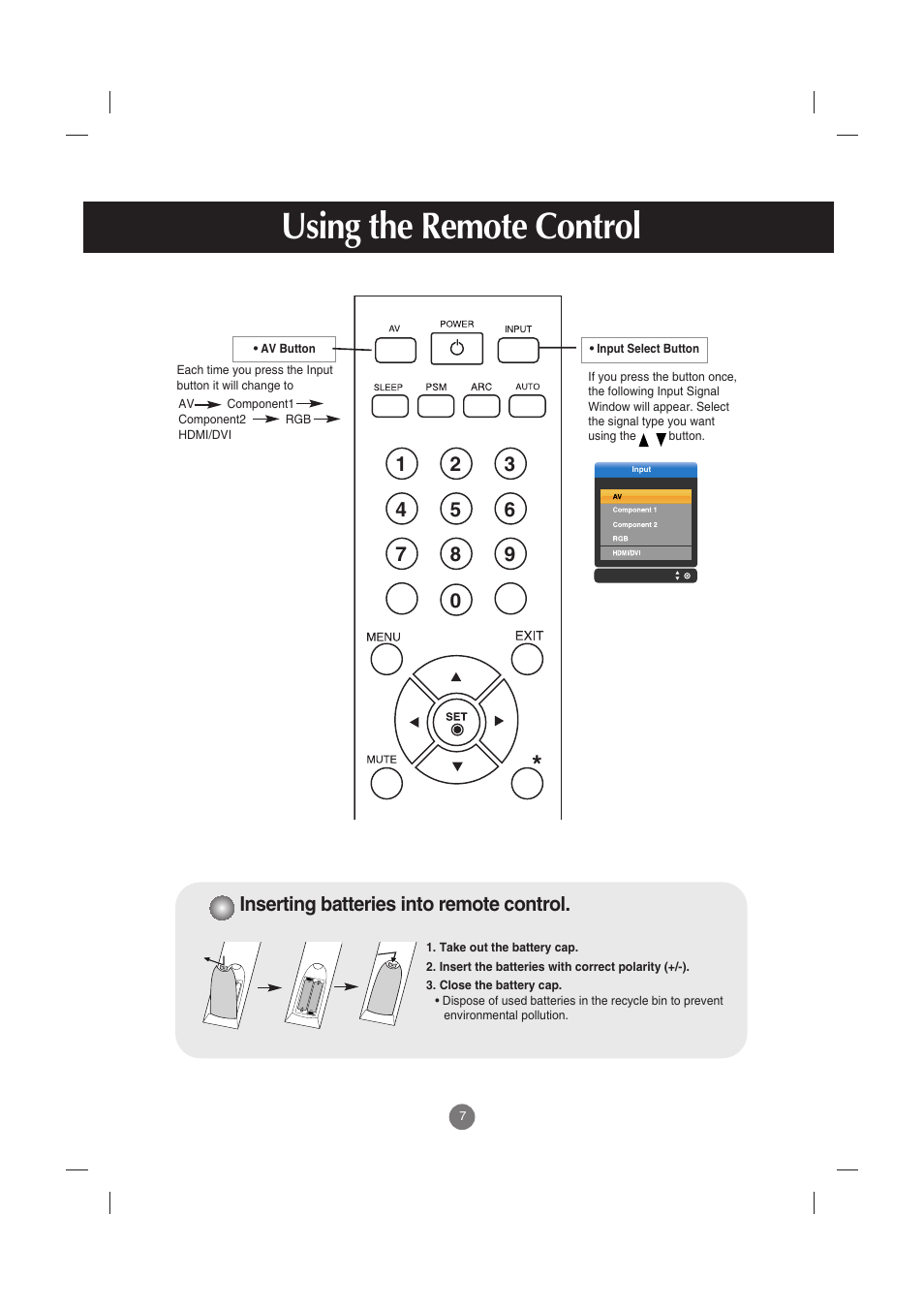 Inserting batteries into remote control, Using the remote control | LG M3701C-BA User Manual | Page 8 / 60