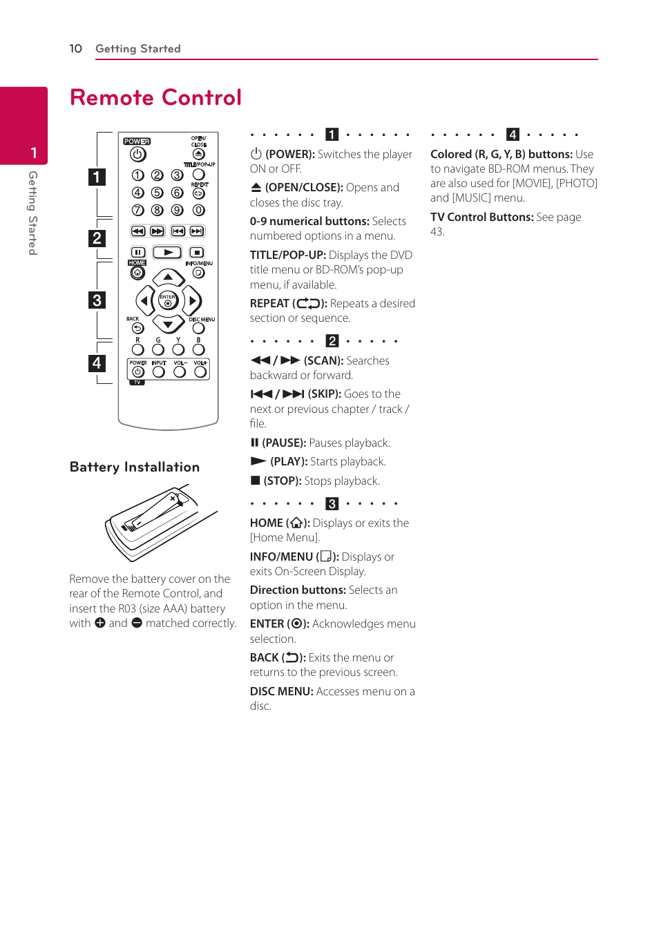 Remote control, 10 remote control, Battery installation | LG BP335W User Manual | Page 10 / 57
