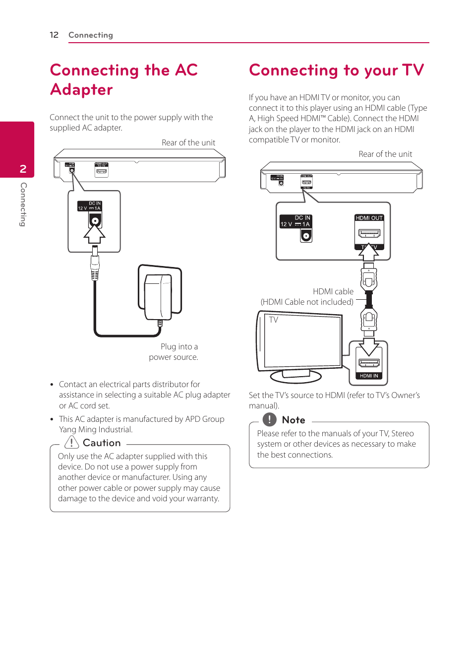 2 connecting, Connecting the ac adapter, Connecting to your tv | LG BP335W User Manual | Page 12 / 57