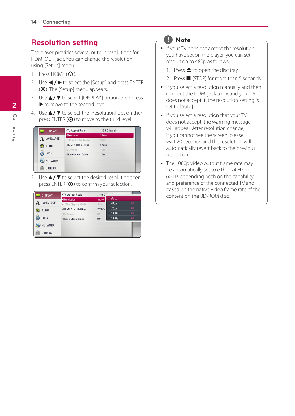 Resolution setting, 14 – resolution setting | LG BP335W User Manual | Page 14 / 57