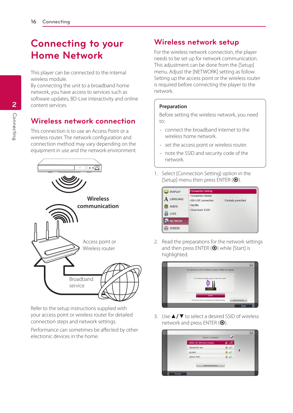 Connecting to your home network, Wireless network connection, Wireless network setup | LG BP335W User Manual | Page 16 / 57