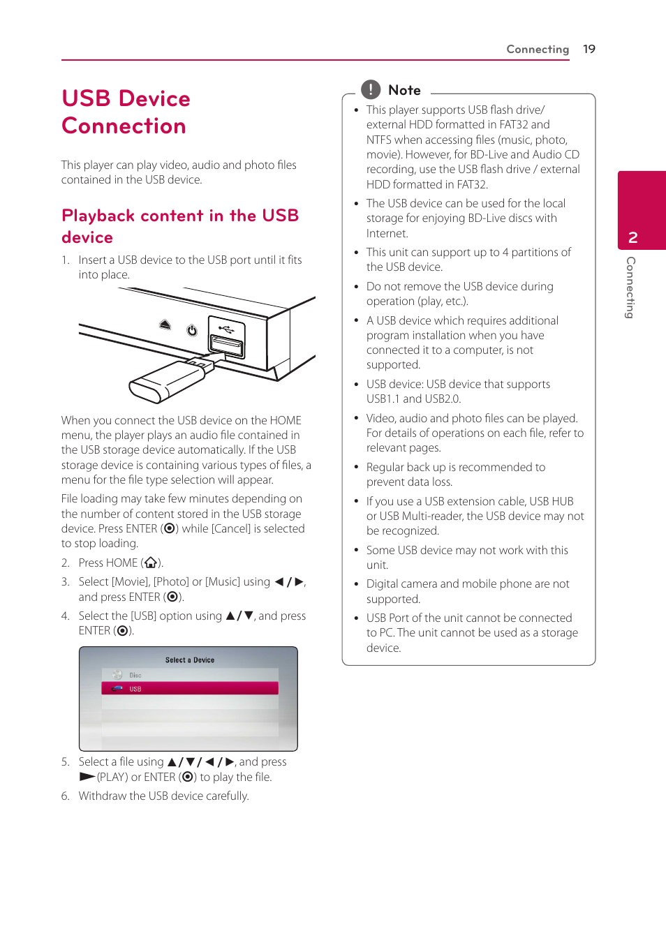 Usb device connection, Playback content in the usb device, 19 – playback content in the usb device | LG BP335W User Manual | Page 19 / 57