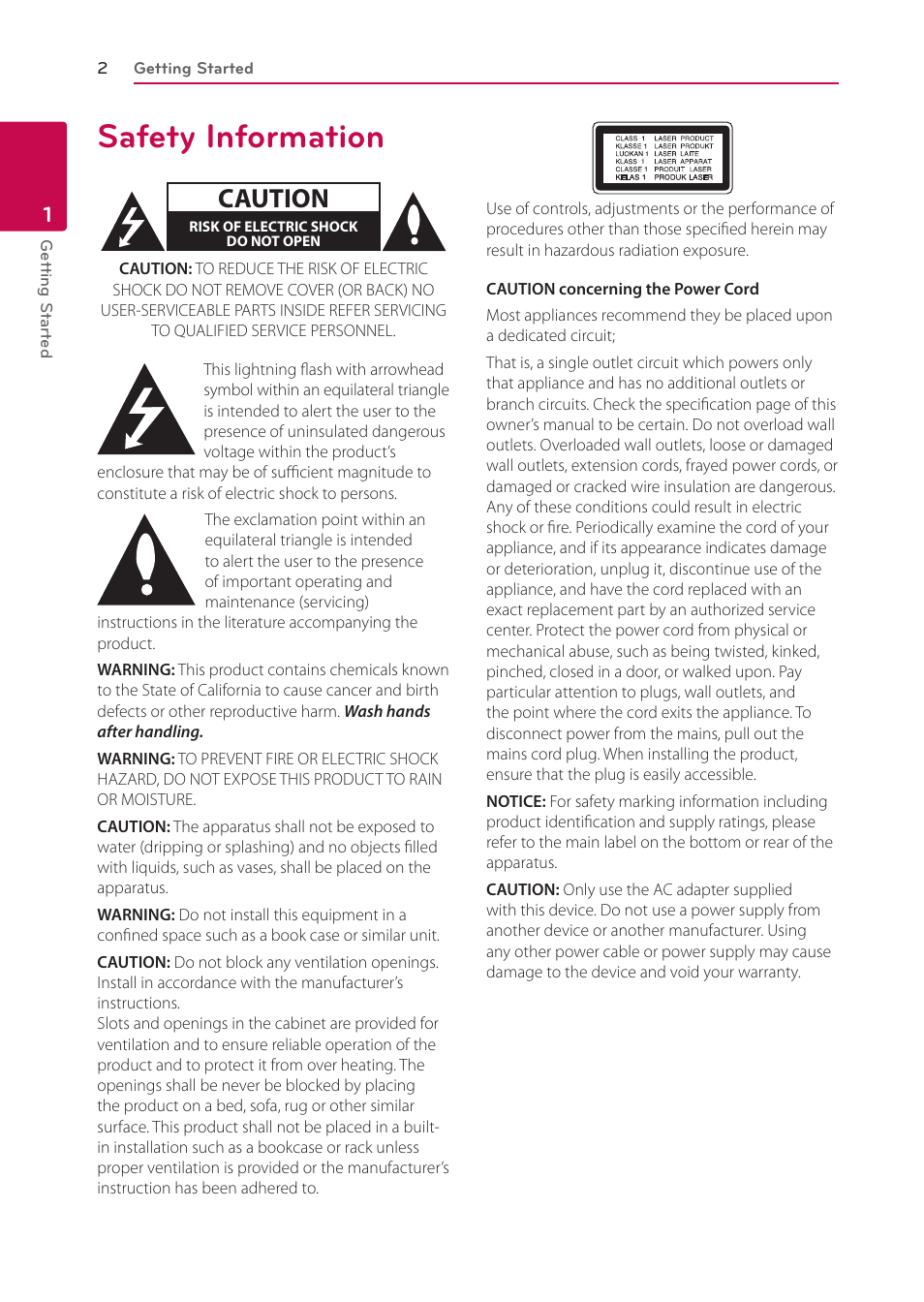 1 getting started, Safety information, Caution | LG BP335W User Manual | Page 2 / 57