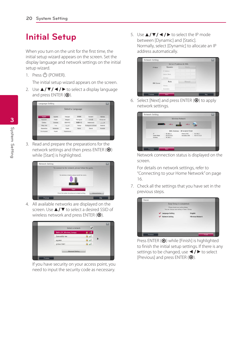 3 system setting, Initial setup, 20 initial setup | LG BP335W User Manual | Page 20 / 57