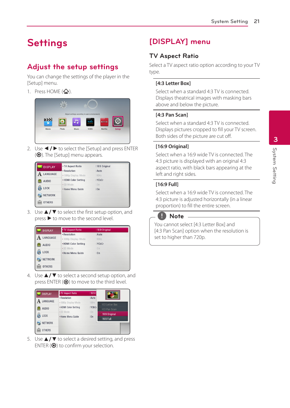 Settings, Adjust the setup settings, Display] menu | LG BP335W User Manual | Page 21 / 57