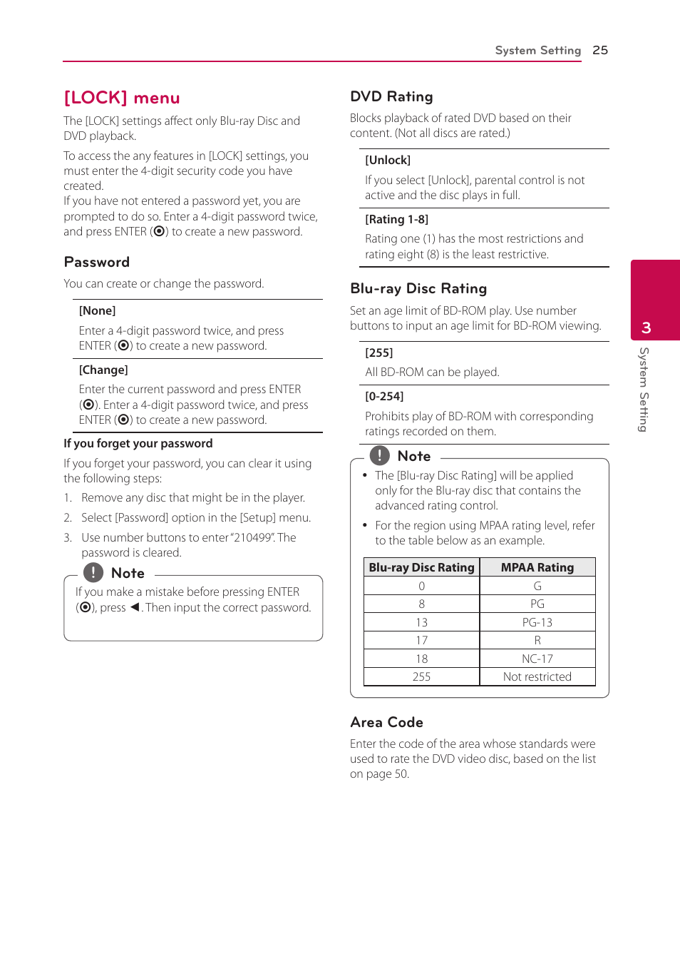 Lock] menu, 25 – [lock] menu | LG BP335W User Manual | Page 25 / 57