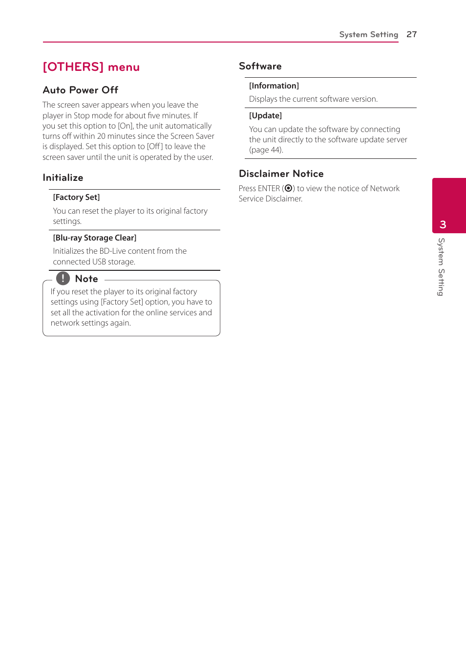 Others] menu, 27 – [others] menu | LG BP335W User Manual | Page 27 / 57