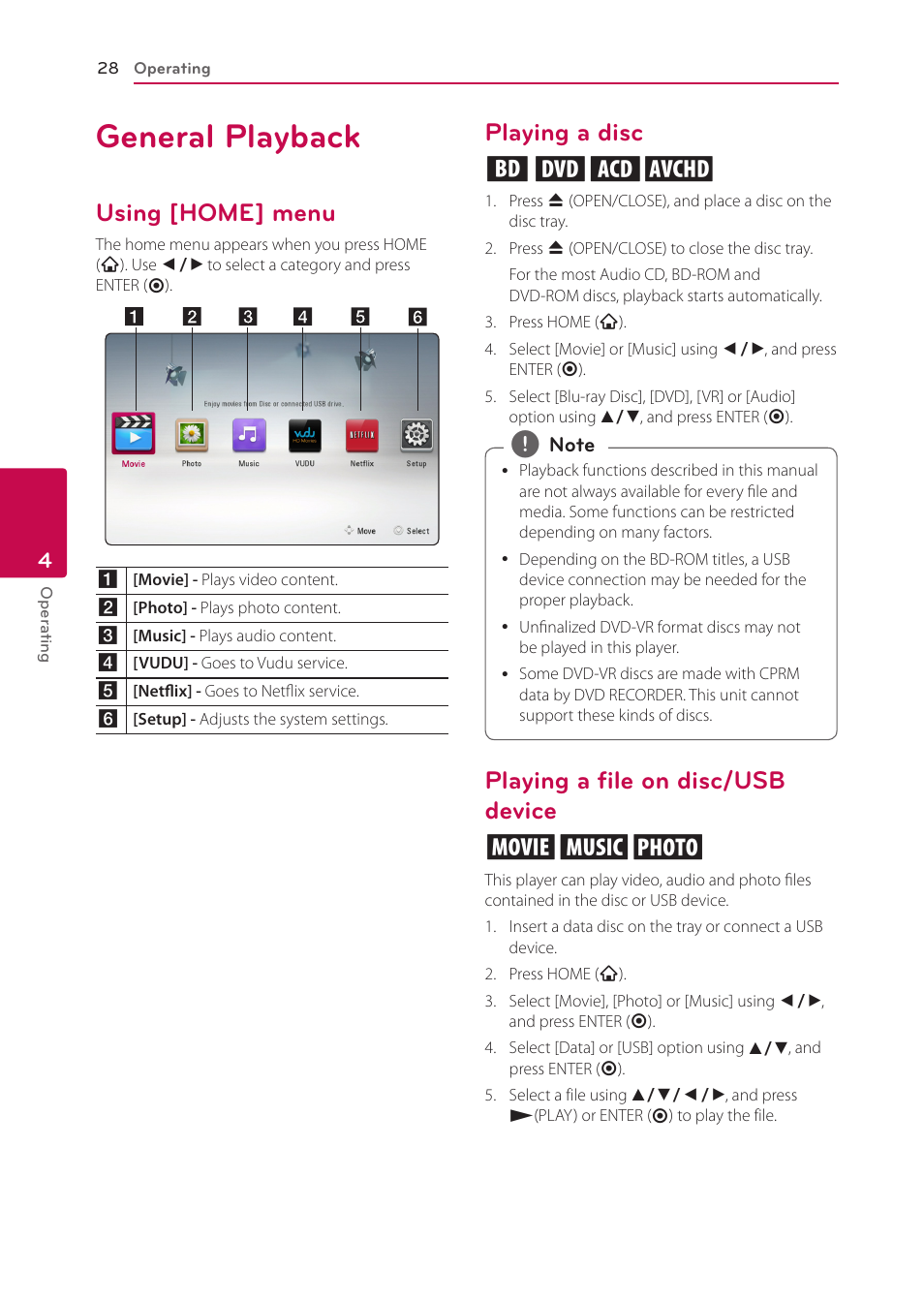 4 operating, General playback, Using [home] menu | Playing a disc, Playing a file on disc/usb device, Playing a disc erto, Playing a file on disc/usb device yui | LG BP335W User Manual | Page 28 / 57