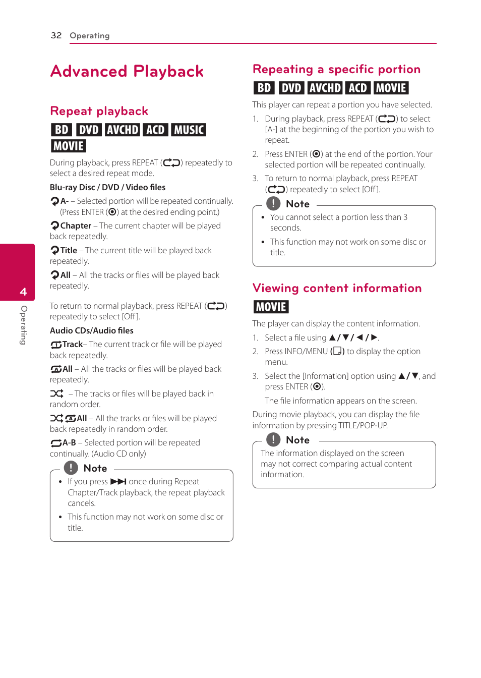 Advanced playback, Repeat playback, Repeating a specific portion | Viewing content information, Repeat playback erotu y, Repeating a specific portion eroty, Viewing content information y | LG BP335W User Manual | Page 32 / 57